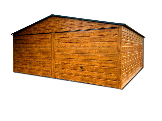 GARAŻ BLASZANY DREWNOPODOBNY ALFA 6X6 –  DWUSPADOWY DACH, BRAMY UCHYLNE