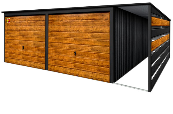 GARAŻ LUX 8X5 Z WIATĄ SMK – SPAD DACHU DO TYŁU, BRAMY UCHYLNE SOSNA, OKUCIA BLACHARSKIE DACHU I NAROŻNIKÓW