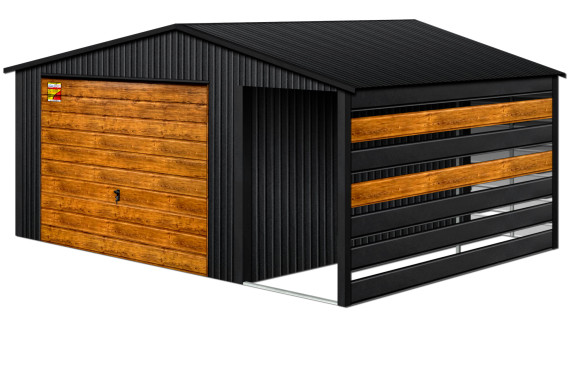 GARAŻ LUX 6X8 Z WIATĄ SMK – DWUSPADOWY DACH, BRAMA UCHYLNA SOSNA, OKUCIA BLACHARSKIE DACHU I NAROŻNIKÓW