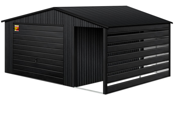 GARAŻ LUX 6X9 Z WIATĄ SMK – DWUSPADOWY DACH, BRAMA UCHYLNA, OKUCIA BLACHARSKIE DACHU I NAROŻNIKÓW