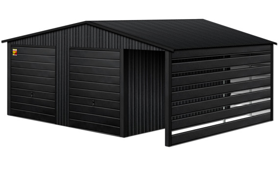 GARAŻ LUX 9X4 Z WIATĄ SMK – DWUSPADOWY DACH, DWIE BRAMY UCHYLNE, OKUCIA BLACHARSKIE DACHU I NAROŻNIKÓW