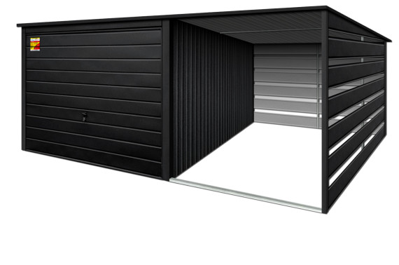 GARAŻ LUX 5X7 Z WIATĄ SMK – SPAD DACHU DO TYŁU, BRAMA UCHYLNA, OKUCIA BLACHARSKIE DACHU I NAROŻNIKÓW