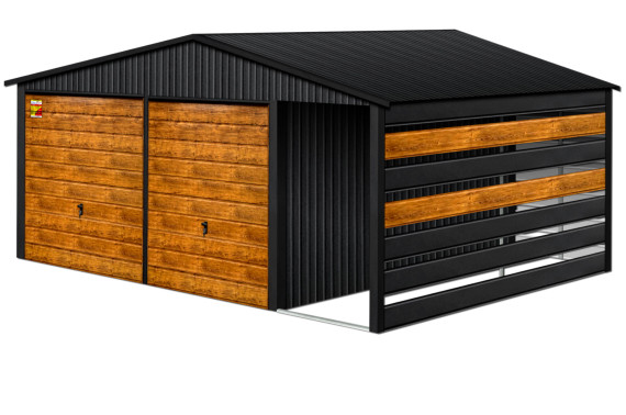 GARAŻ LUX 8X8 Z WIATĄ SMK – DWUSPADOWY DACH, BRAMY UCHYLNE SOSNA, OKUCIA BLACHARSKIE DACHU I NAROŻNIKÓW