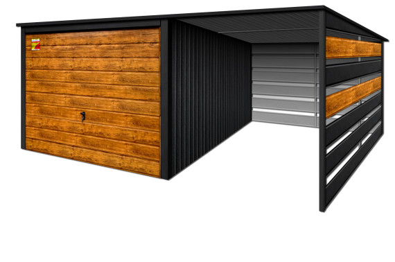 GARAŻ LUX 5X6 Z WIATĄ SMK – SPAD DACHU DO TYŁU, BRAMA UCHYLNA SOSNA, OKUCIA BLACHARSKIE DACHU I NAROŻNIKÓW