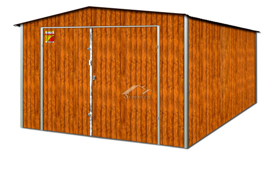 GARAŻ BLASZANY DREWNOPODOBNY 4X6 – DWUSPADOWY DACH, BRAMA DWUSKRZYDŁOWA