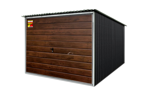 GRAFITOWY GARAŻ BLASZANY LUX 2x4 – SPAD DACHU DO TYŁU, DREWNOPODOBNA BRAMA UCHYLNA
