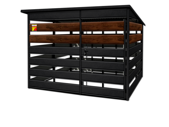 WIATA ŚMIETNIKOWA SMK 3,5X2,5 – DRZWI JEDNOSKRZYDŁOWE, OKUCIA BLACHARSKIE, CZARNY MAT & ORZECH