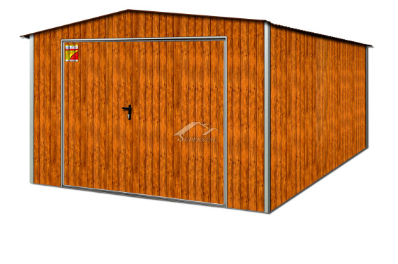 GARAŻ BLASZANY DREWNOPODOBNY 4X6 – DWUSPADOWY DACH, BRAMA UCHYLNA