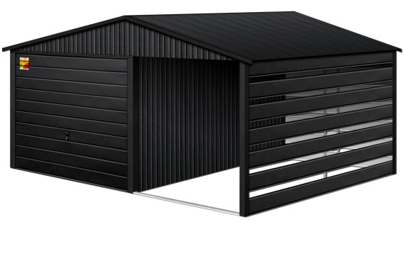 GARAŻ LUX 4X8 Z WIATĄ SMK – DWUSPADOWY DACH, BRAMA UCHYLNA, OKUCIA BLACHARSKIE DACHU I NAROŻNIKÓW