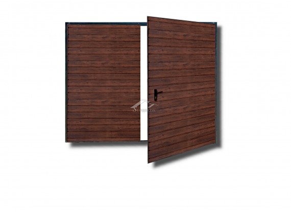 Dwuskrzydłowa brama do muru 2,7x2m - panel poziomy wąski, ocieplanie, kolor drewnopodobny orzech