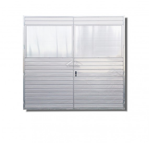 DWUSKRZYDŁOWA BRAMA DO MURU 2x2,5m - PANEL POZIOMY WĄSKI, DWA OKNA, KOLOR BIAŁY RAL 9010