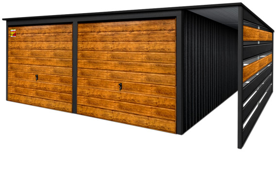GARAŻ LUX 8X7 Z WIATĄ SMK – SPAD DACHU DO TYŁU, BRAMY UCHYLNE SOSNA, OKUCIA BLACHARSKIE DACHU I NAROŻNIKÓW