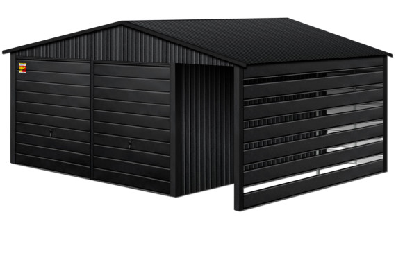 GARAŻ LUX 8X4 Z WIATĄ SMK – DWUSPADOWY DACH, DWIE BRAMY UCHYLNE, OKUCIA BLACHARSKIE DACHU I NAROŻNIKÓW