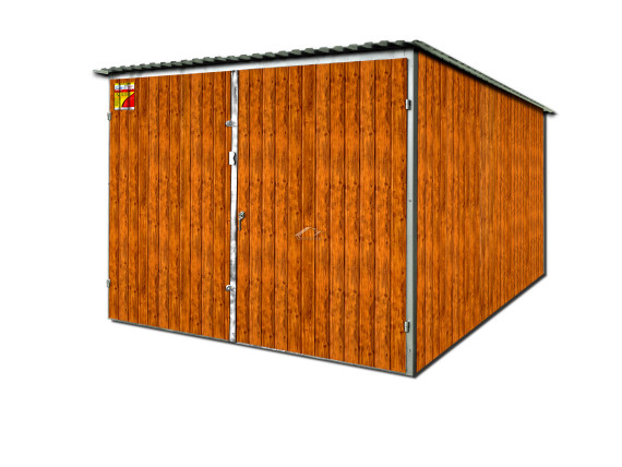 GARAŻ BLASZANY DREWNOPODOBNY 2X4 – SPAD DACHU DO TYŁU, BRAMA DWUSKRZYDŁOWA