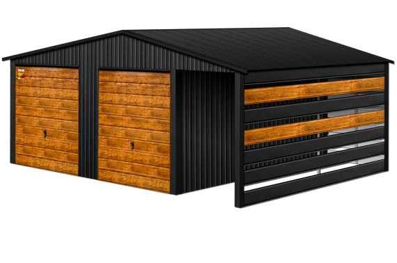 GARAŻ LUX 9X6 Z WIATĄ SMK – DWUSPADOWY DACH, BRAMA UCHYLNA SOSNA, OKUCIA BLACHARSKIE DACHU I NAROŻNIKÓW