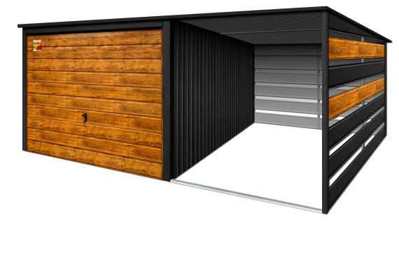 GARAŻ LUX 4X4 Z WIATĄ SMK – SPAD DACHU DO TYŁU, BRAMA UCHYLNA SOSNA, OKUCIA BLACHARSKIE DACHU I NAROŻNIKÓW