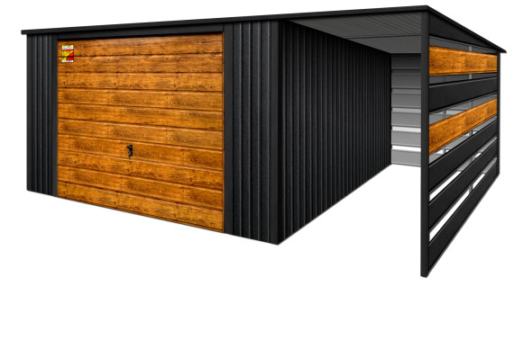 GARAŻ LUX 7X8 Z WIATĄ SMK – SPAD DACHU DO TYŁU, BRAMA UCHYLNA SOSNA, OKUCIA BLACHARSKIE DACHU I NAROŻNIKÓW