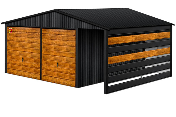 GARAŻ LUX 8X7 Z WIATĄ SMK – DWUSPADOWY DACH, BRAMY UCHYLNE SOSNA, OKUCIA BLACHARSKIE DACHU I NAROŻNIKÓW