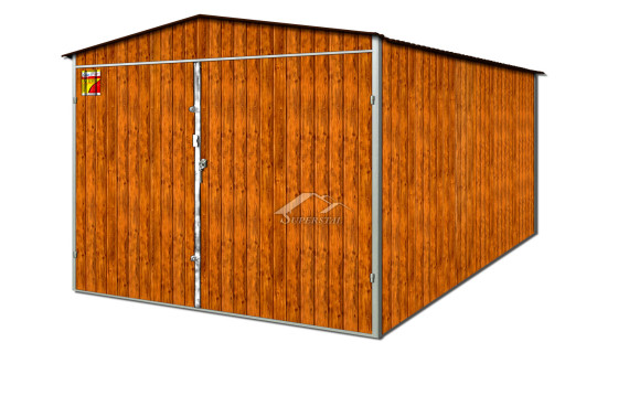 GARAŻ BLASZANY DREWNOPODOBNY 2X4 – DWUSPADOWY DACH, BRAMA DWUSKRZYDŁOWA