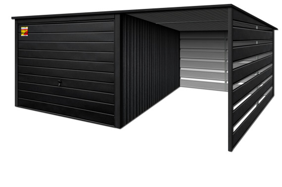 GARAŻ LUX 4X5 Z WIATĄ SMK – SPAD DACHU DO TYŁU, BRAMA UCHYLNA, OKUCIA BLACHARSKIE DACHU I NAROŻNIKÓW