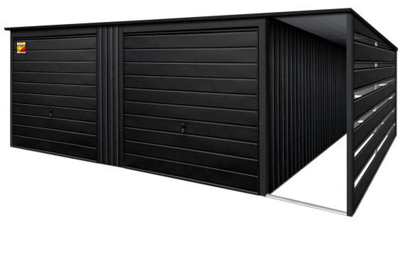 GARAŻ LUX 9X8 Z WIATĄ SMK – SPAD DACHU DO TYŁU, DWIE BRAMY UCHYLNE, OKUCIA BLACHARSKIE DACHU I NAROŻNIKÓW