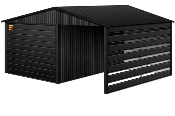 GARAŻ LUX 4X5 Z WIATĄ SMK – DWUSPADOWY DACH, BRAMA UCHYLNA, OKUCIA BLACHARSKIE DACHU I NAROŻNIKÓW