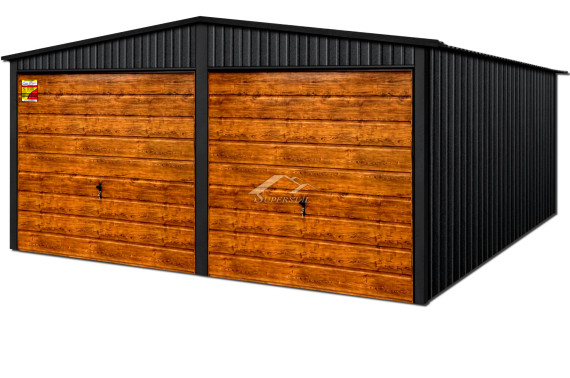GARAŻ LUX 6X4 – DWUSPADOWY DACH, DREWNOPODOBNE BRAMY UCHYLNE, OKUCIA BLACHARSKIE