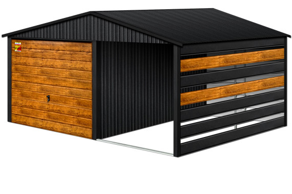 GARAŻ LUX 4X4 Z WIATĄ SMK – DWUSPADOWY DACH, BRAMA UCHYLNA SOSNA, OKUCIA BLACHARSKIE DACHU I NAROŻNIKÓW