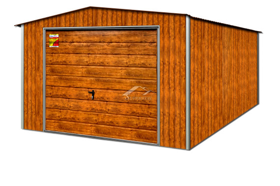 DREWNOPODOBNY GARAŻ BLASZANY LUX 5x4 ZŁOTY DĄB – DWUSPADOWY DACH, BRAMA UCHYLNA