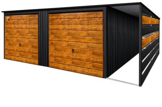 GARAŻ LUX 9X6 Z WIATĄ SMK – SPAD DACHU DO TYŁU, BRAMY UCHYLNE SOSNA, OKUCIA BLACHARSKIE DACHU I NAROŻNIKÓW