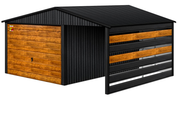 GARAŻ LUX 5X6 Z WIATĄ SMK – DWUSPADOWY DACH, BRAMA UCHYLNA SOSNA, OKUCIA BLACHARSKIE DACHU I NAROŻNIKÓW