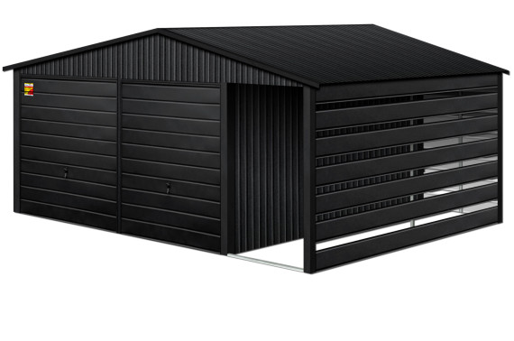 GARAŻ LUX 8X4 Z WIATĄ SMK – DWUSPADOWY DACH, DWIE BRAMY UCHYLNE, OKUCIA BLACHARSKIE DACHU I NAROŻNIKÓW