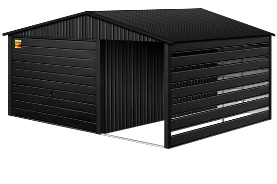 GARAŻ LUX 5X8 Z WIATĄ SMK – DWUSPADOWY DACH, BRAMA UCHYLNA, OKUCIA BLACHARSKIE DACHU I NAROŻNIKÓW