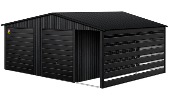 GARAŻ LUX 9X7 Z WIATĄ SMK – DWUSPADOWY DACH, DWIE BRAMY UCHYLNE, OKUCIA BLACHARSKIE DACHU I NAROŻNIKÓW