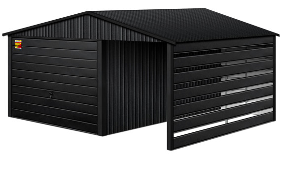 GARAŻ LUX 5X7 Z WIATĄ SMK – DWUSPADOWY DACH, BRAMA UCHYLNA, OKUCIA BLACHARSKIE DACHU I NAROŻNIKÓW