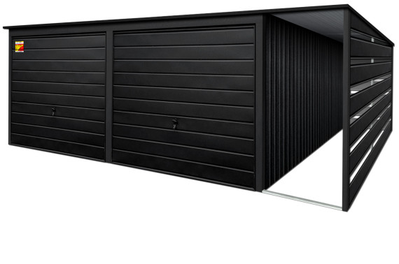 GARAŻ LUX 8X4 Z WIATĄ SMK – SPAD DACHU DO TYŁU, DWIE BRAMY UCHYLNE, OKUCIA BLACHARSKIE DACHU I NAROŻNIKÓW