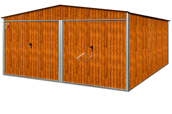 GARAŻ BLASZANY DREWNOPODOBNY 6X5 – DWUSPADOWY DACH, DWIE BRAMY UCHYLNE