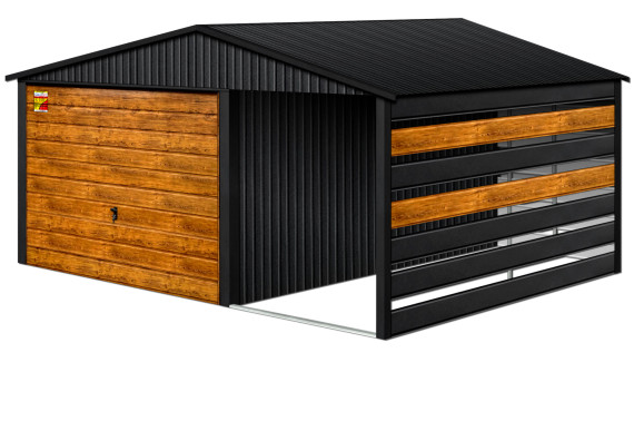 GARAŻ LUX 5X7 Z WIATĄ SMK – DWUSPADOWY DACH, BRAMA UCHYLNA SOSNA, OKUCIA BLACHARSKIE DACHU I NAROŻNIKÓW