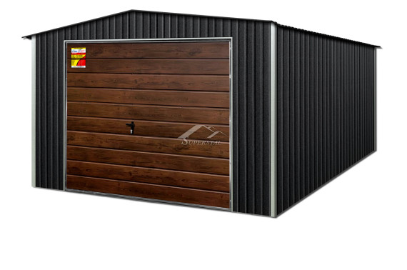 GRAFITOWY GARAŻ BLASZANY LUX 5x5 – DWUSPADOWY DACH, DREWNOPODOBNA BRAMA UCHYLNA