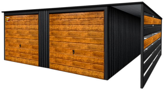 GARAŻ LUX 9X4 Z WIATĄ SMK – SPAD DACHU DO TYŁU, BRAMY UCHYLNE SOSNA, OKUCIA BLACHARSKIE DACHU I NAROŻNIKÓW