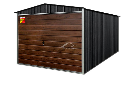 GRAFITOWY GARAŻ BLASZANY LUX 2x4 – DWUSPADOWY DACH, DREWNOPODOBNA BRAMA UCHYLNA