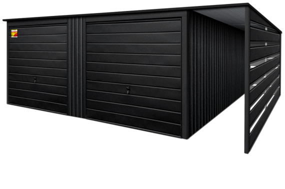 GARAŻ LUX 9X4 Z WIATĄ SMK – SPAD DACHU DO TYŁU, DWIE BRAMY UCHYLNE, OKUCIA BLACHARSKIE DACHU I NAROŻNIKÓW