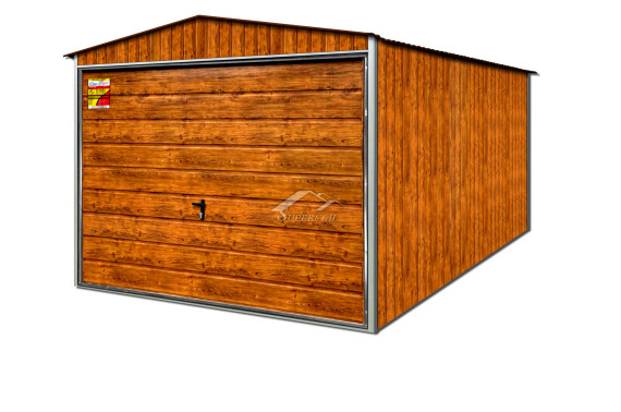 DREWNOPODOBNY GARAŻ BLASZANY LUX 3x4 ZŁOTY DĄB – DWUSPADOWY DACH, BRAMA UCHYLNA