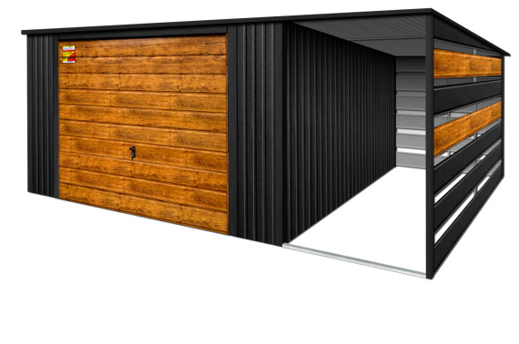 GARAŻ LUX 6X6 Z WIATĄ SMK – SPAD DACHU DO TYŁU, BRAMA UCHYLNA SOSNA, OKUCIA BLACHARSKIE DACHU I NAROŻNIKÓW